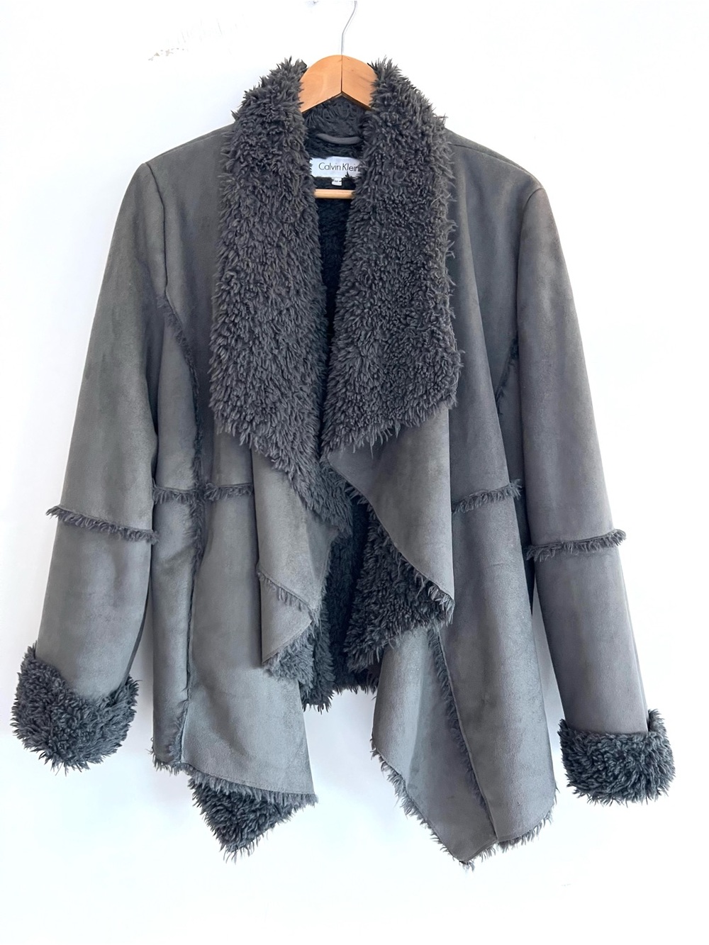 CALVIN KLEIN Faux Suede Faux Fur Jacket Dark Gray Draped Front Shearling Trim